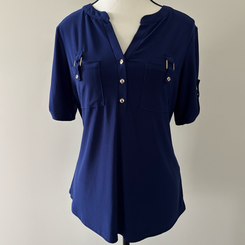 Royal Blue Blouse with Button Accents
